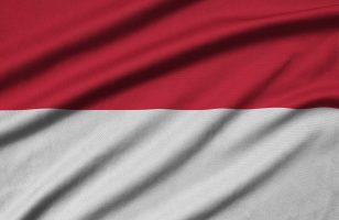 Indonesia flag is depicted on a sports cloth fabric with many folds. Sport team waving banner
